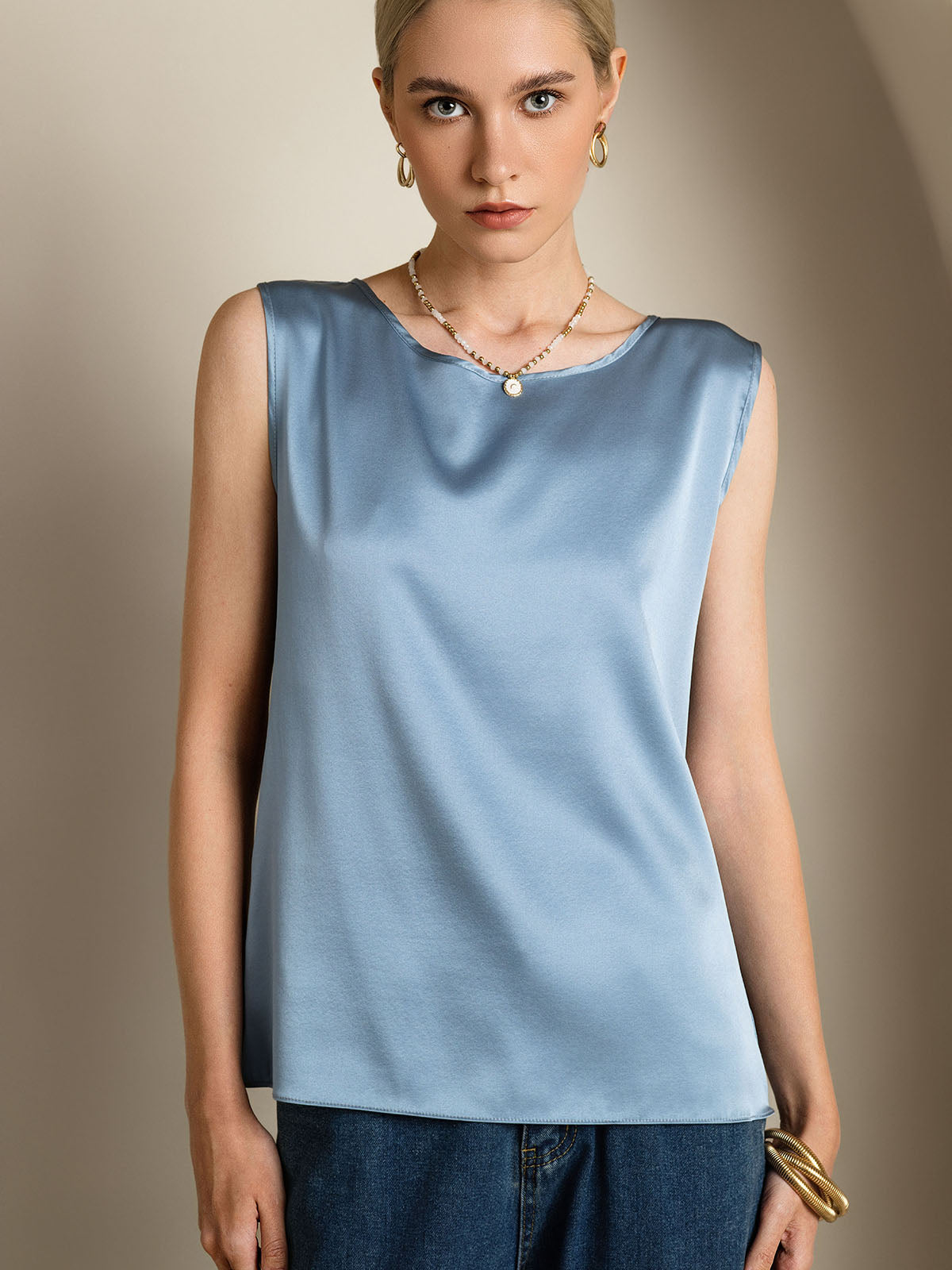 SilkSilky-AU 19Momme Silk Sleeveless Round Neck Camisole GrayishBlue 005