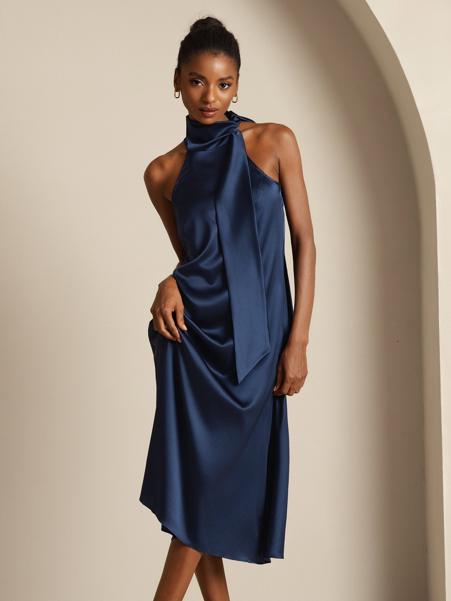 [Dark Blue] SilkSilky-AU 19Momme Silk Tie Neck Dress 006,