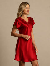 [Dark Red] SilkSilky-AU Short Sleeve V Neck Nightgown 006