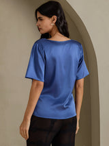 [Real Teal] SilkSilky-AU Short Sleeve Cowl Neck Women's Blouse 002