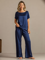 [Dark Blue] SilkSilky-AU 19Momme Machine-Washable Silk Short Sleeve Women's Pyjamas 004
