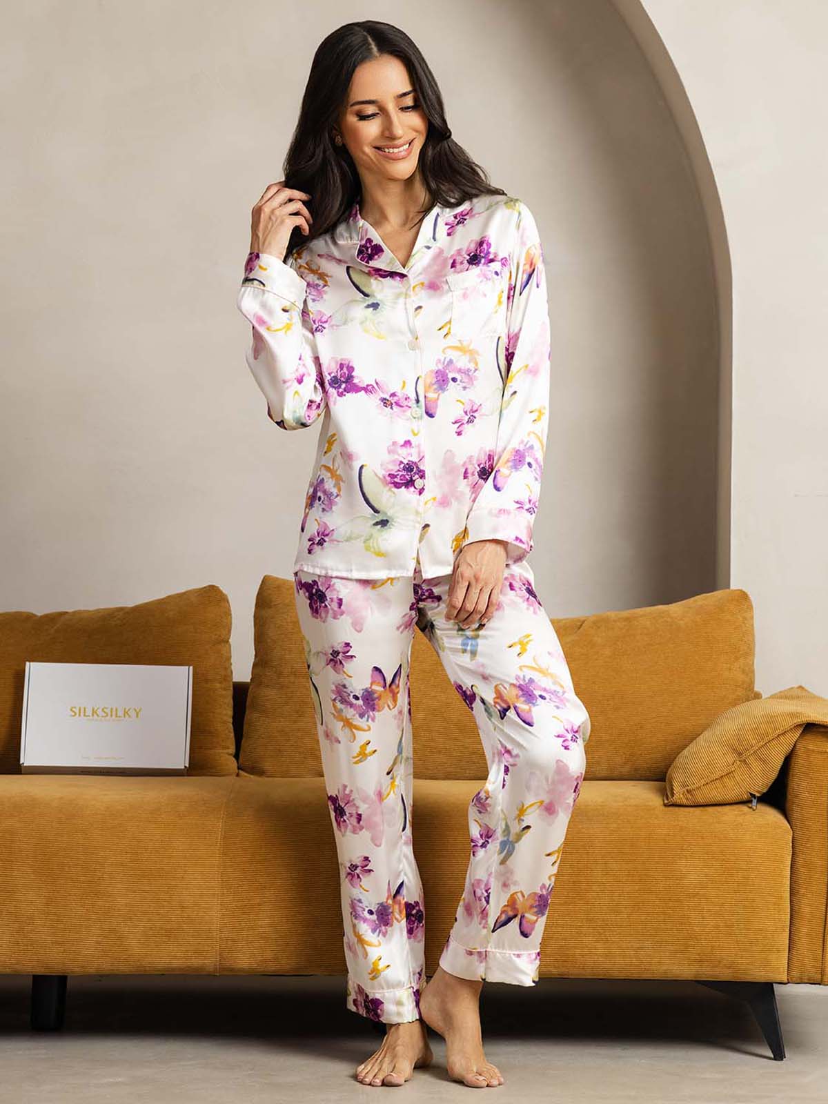 [Watercolor Floral] SilkSilky-AU Pure Silk Womens Pajamas 001