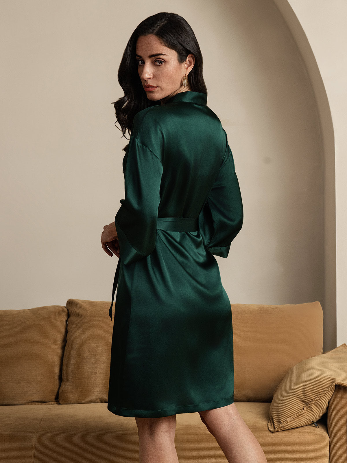 [Dark Green] SilkSilky-AU 3/4 Sleeve Women's Dressing Gown 002