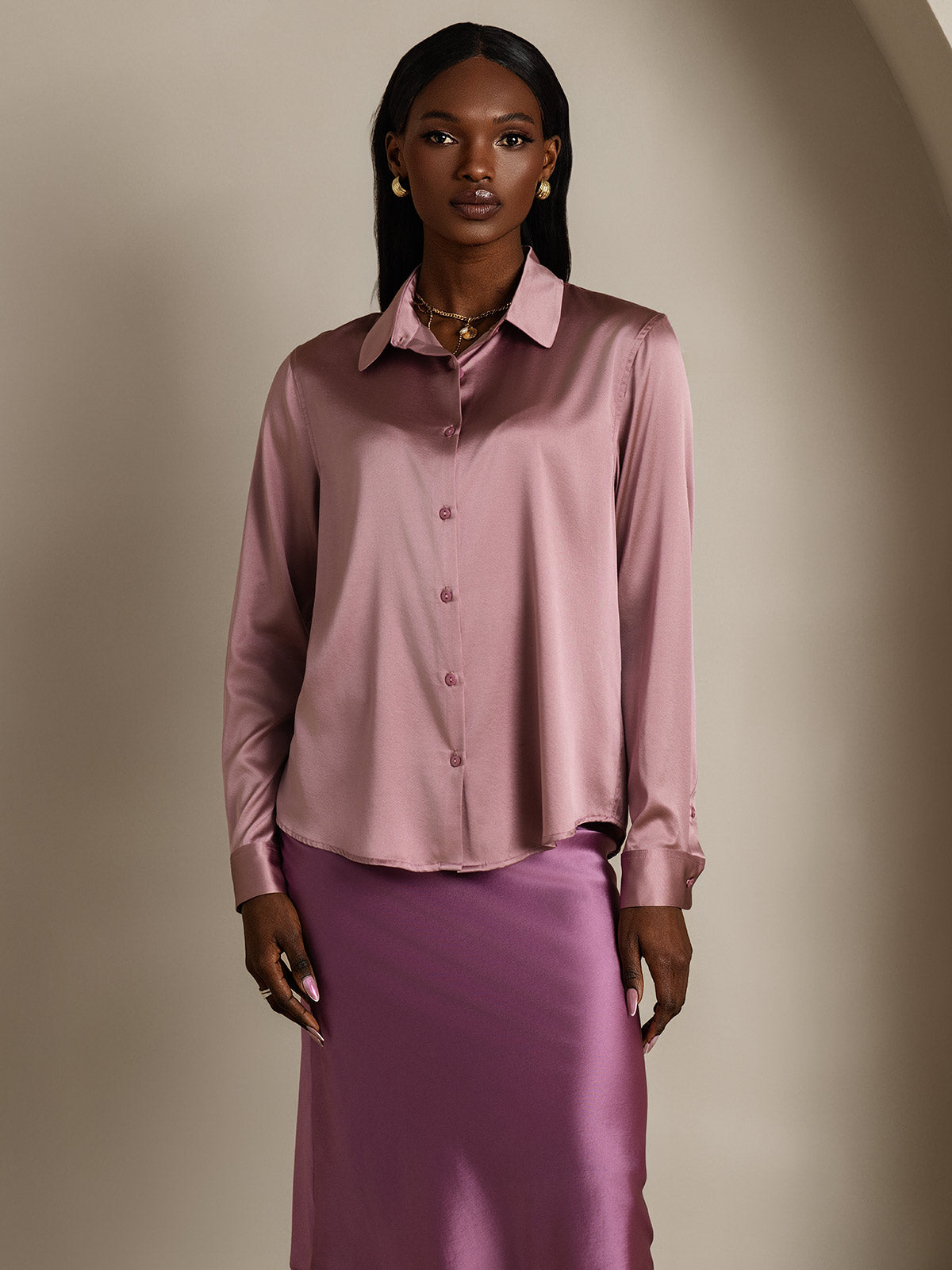 [Pale Mauve] SilkSilky-AU Silk Long Sleeve Lapel Collar Women's Shirt 003