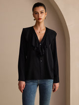 [Black] SilkSilky-AU Long Sleeve Deep V Neck Women's Blouse 003