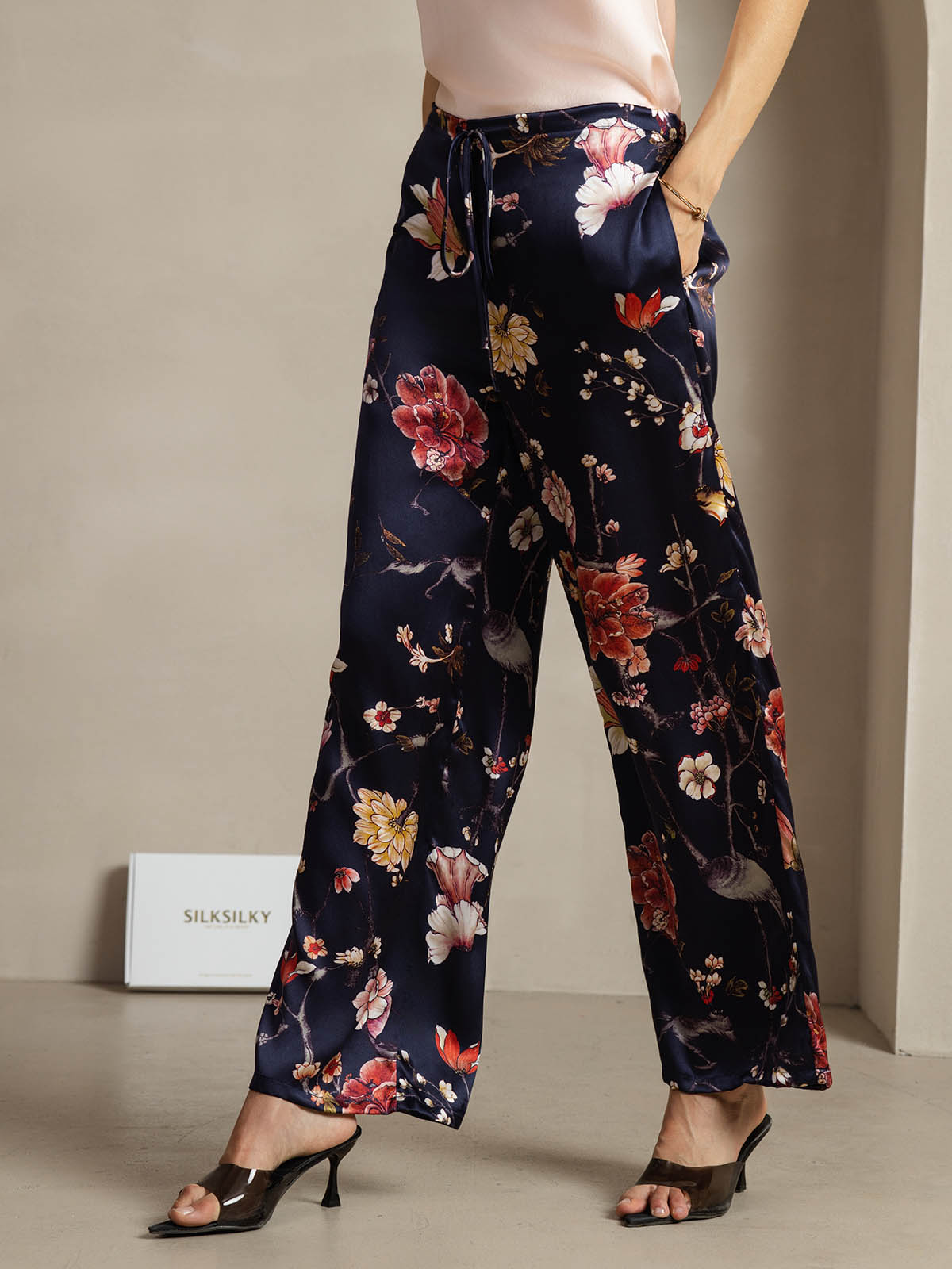[Navy Floral] SilkSilky-AU 19Momme Silk Womens Pants 003