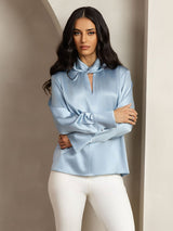 [Grayish Blue] SilkSilky-AU 19Momme Silk Keyhole Neck Women's Shirt 006