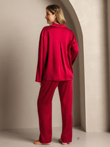 [Wine] SilkSilky-AU 19Momme Machine-Washable Silk Long Sleeve Notch Collar Women's Pyjamas 002