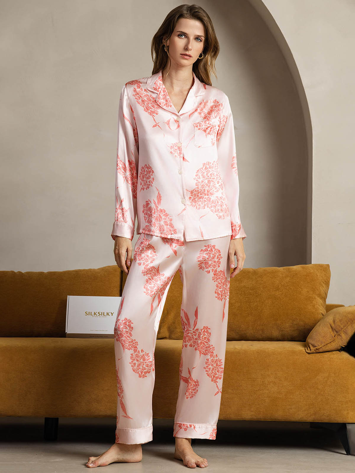 [Coral Floral] SilkSilky-AU Pure Silk Womens Pajamas 001