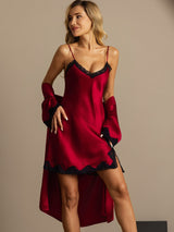 [Wine] SilkSilky-AU Half Sleeve V Neck Nightgown&Dressing Gown Set 007