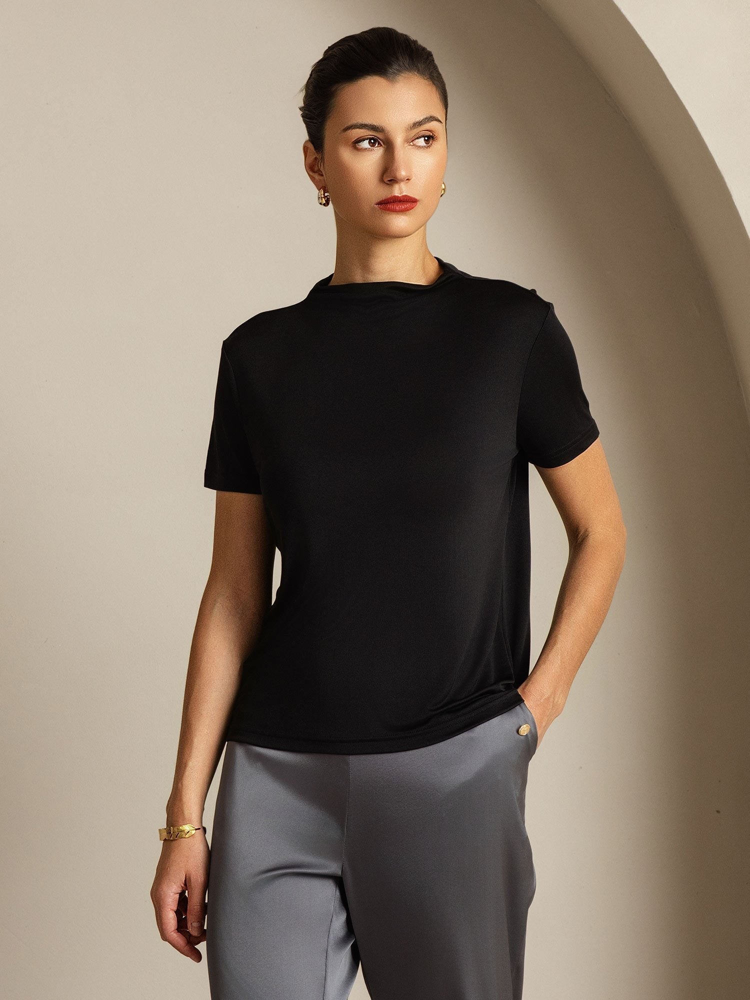[Black] SilkSilky-AU Pure Silk Collar Women's T-Shirt 008