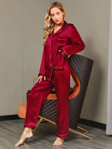 [Wine] SilkSilky-AU Long Sleeve Lapel Collar Women's Pyjamas 005