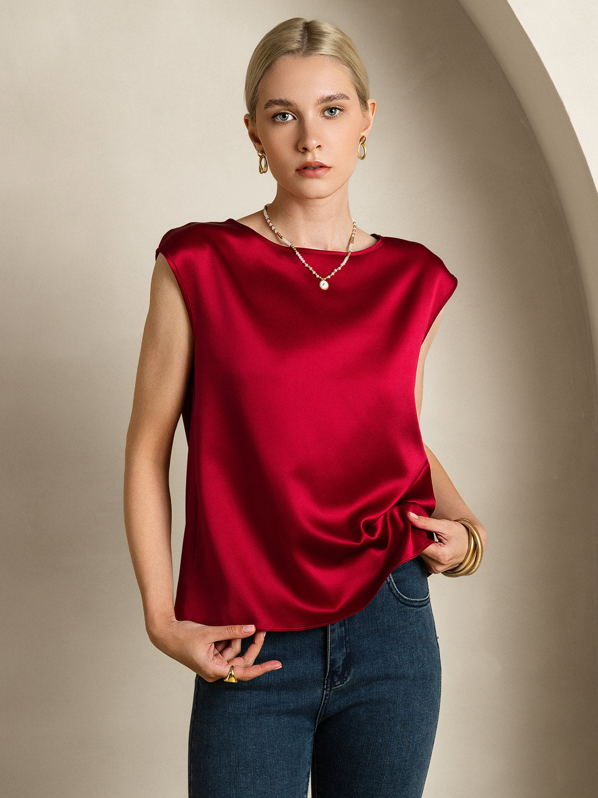 [Wine] SilkSilky-AU 19Momme Stretch Silk Charmeuse Cap Sleeve Round Neck Women's T-Shirt 005