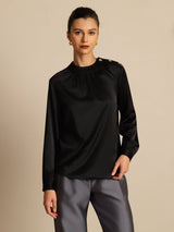 [Black] SilkSilky-AU 19Momme Stretch Silk Charmeuse Long Sleeve Round Neck Blouse 003
