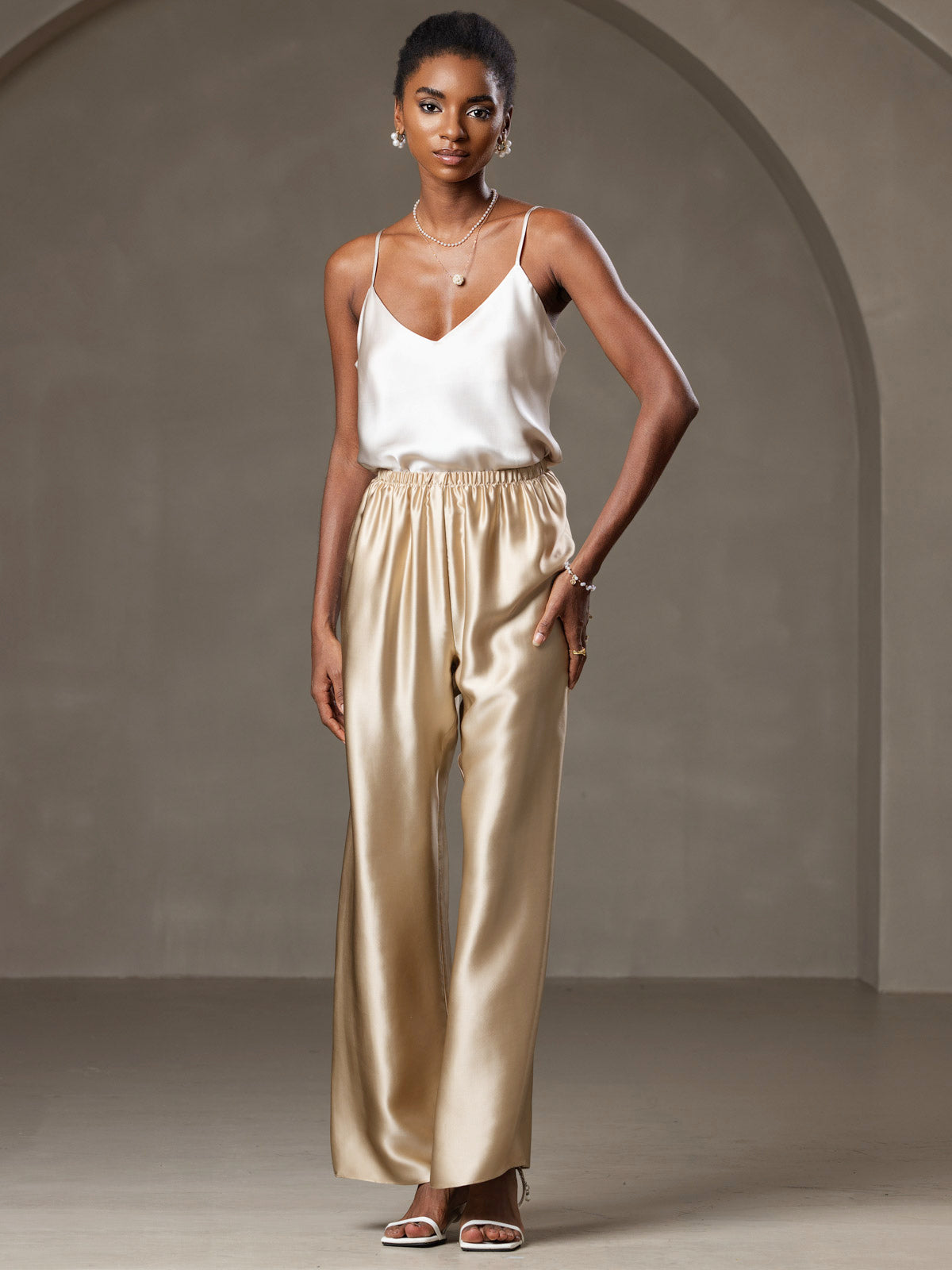 [Beige] SilkSilky-AU Pure Silk V Neck Camisole 006