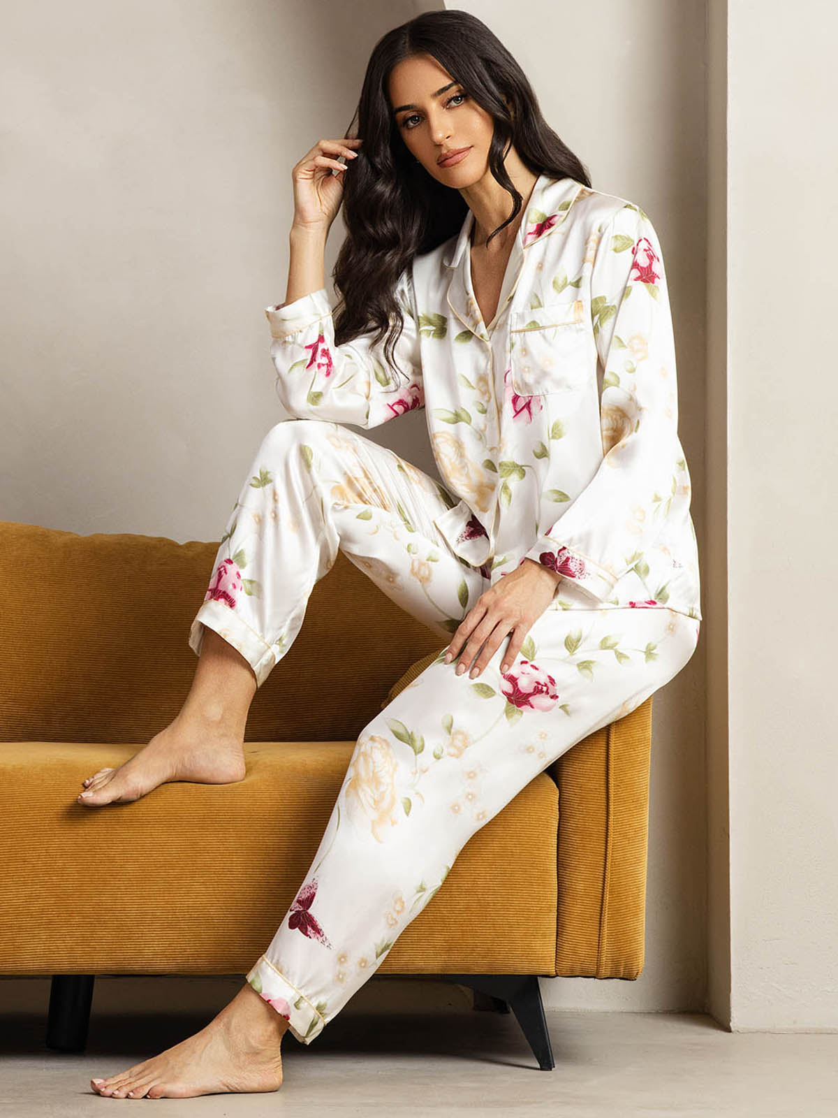 [Ivory Floral] SilkSilky-AU Pure Silk Womens Pajamas 005