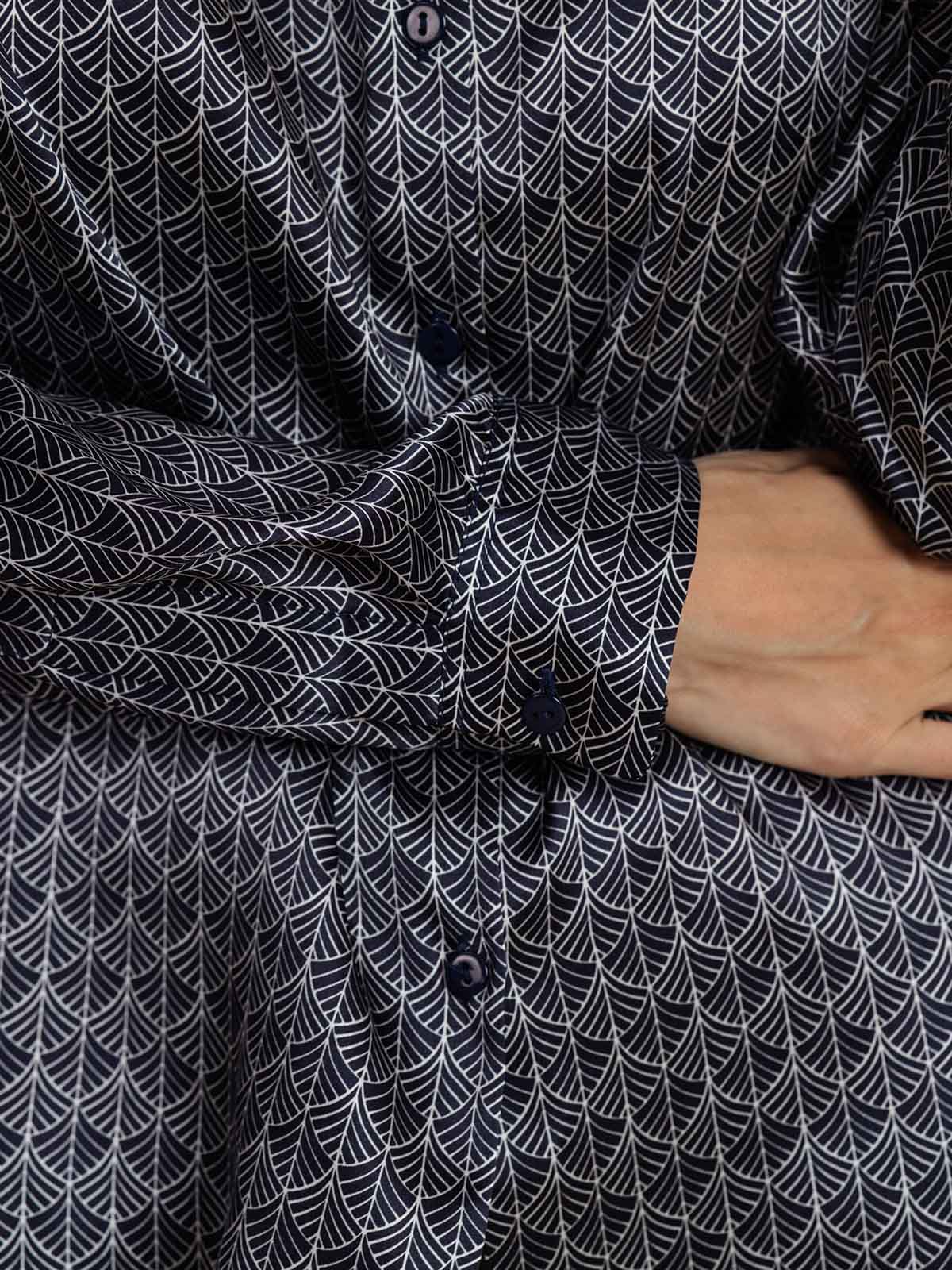 [Navy Ginkgo] SilkSilky-AU Silk Long Sleeve Lapel Collar Women's Shirt 004