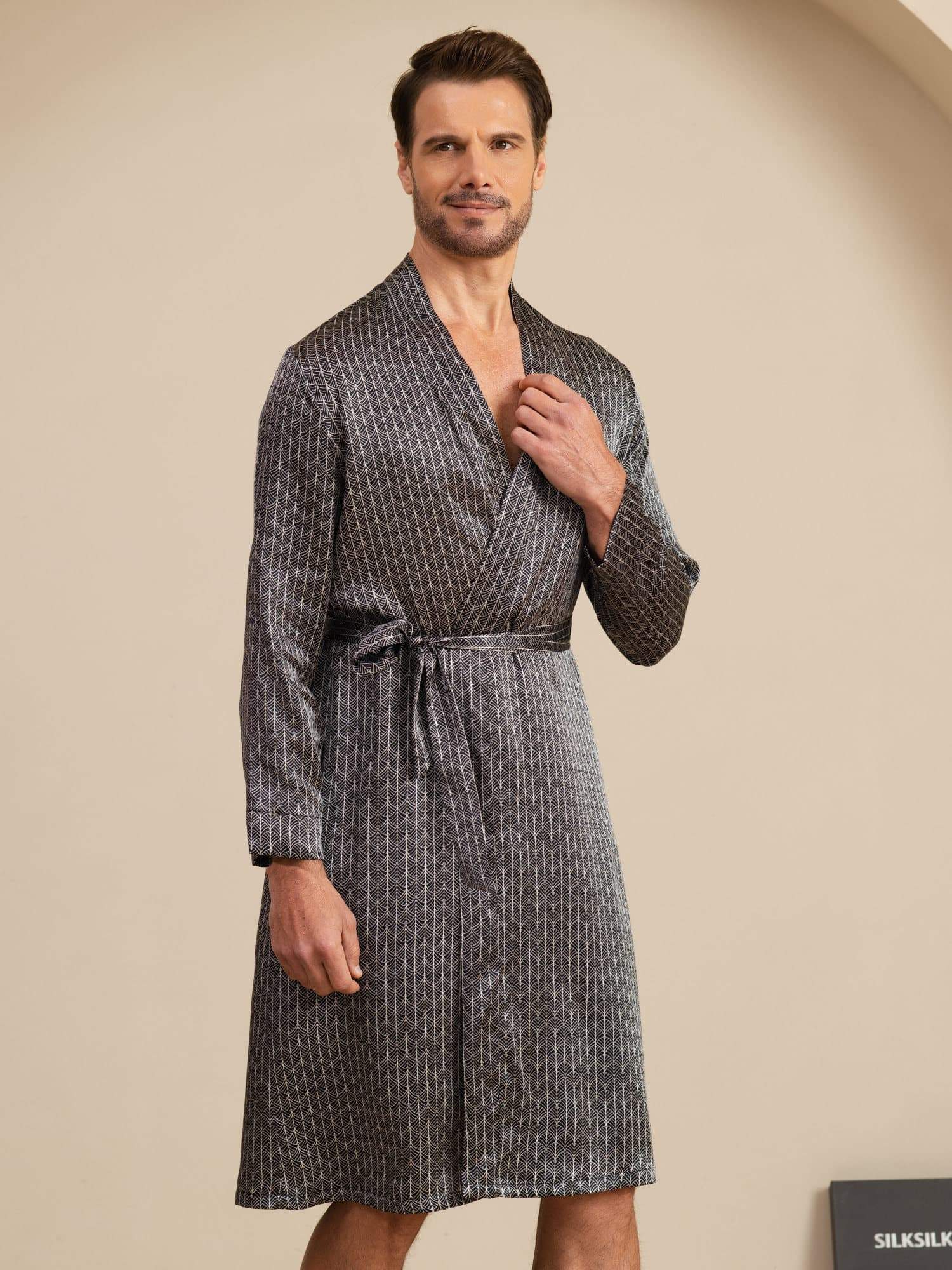 [Black Ginkgo] SilkSilky-AU Long Sleeve V Neck Men's Dressing Gown 002