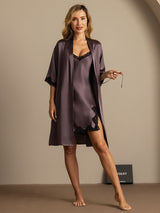 [Purple Gray] SilkSilky-AU Half Sleeve V Neck Nightgown&Dressing Gown Set 003