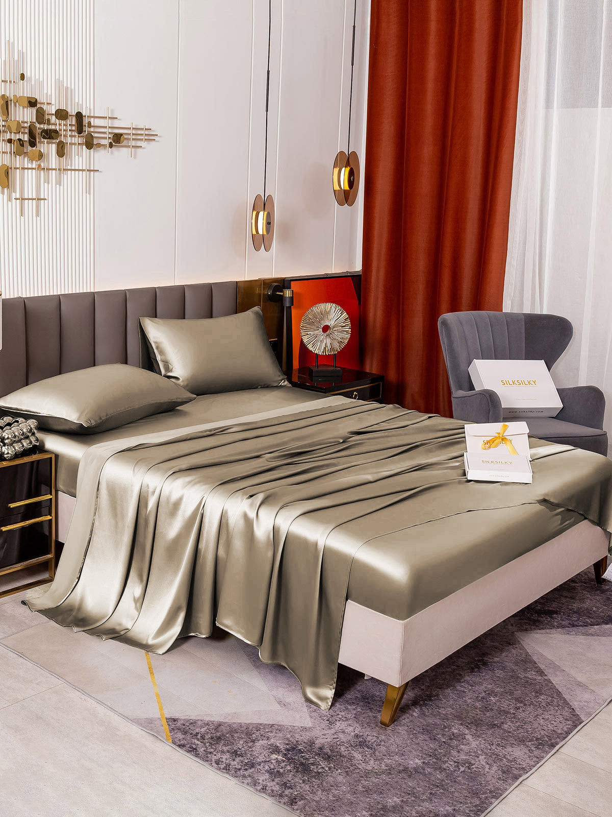 [Khaki] SilkSilky-AU 19Momme Pure Silk Bedding Set 001