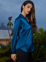 [Teal] SilkSilky-AU Long Sleeve Lapel Collar Women's Shirt 003