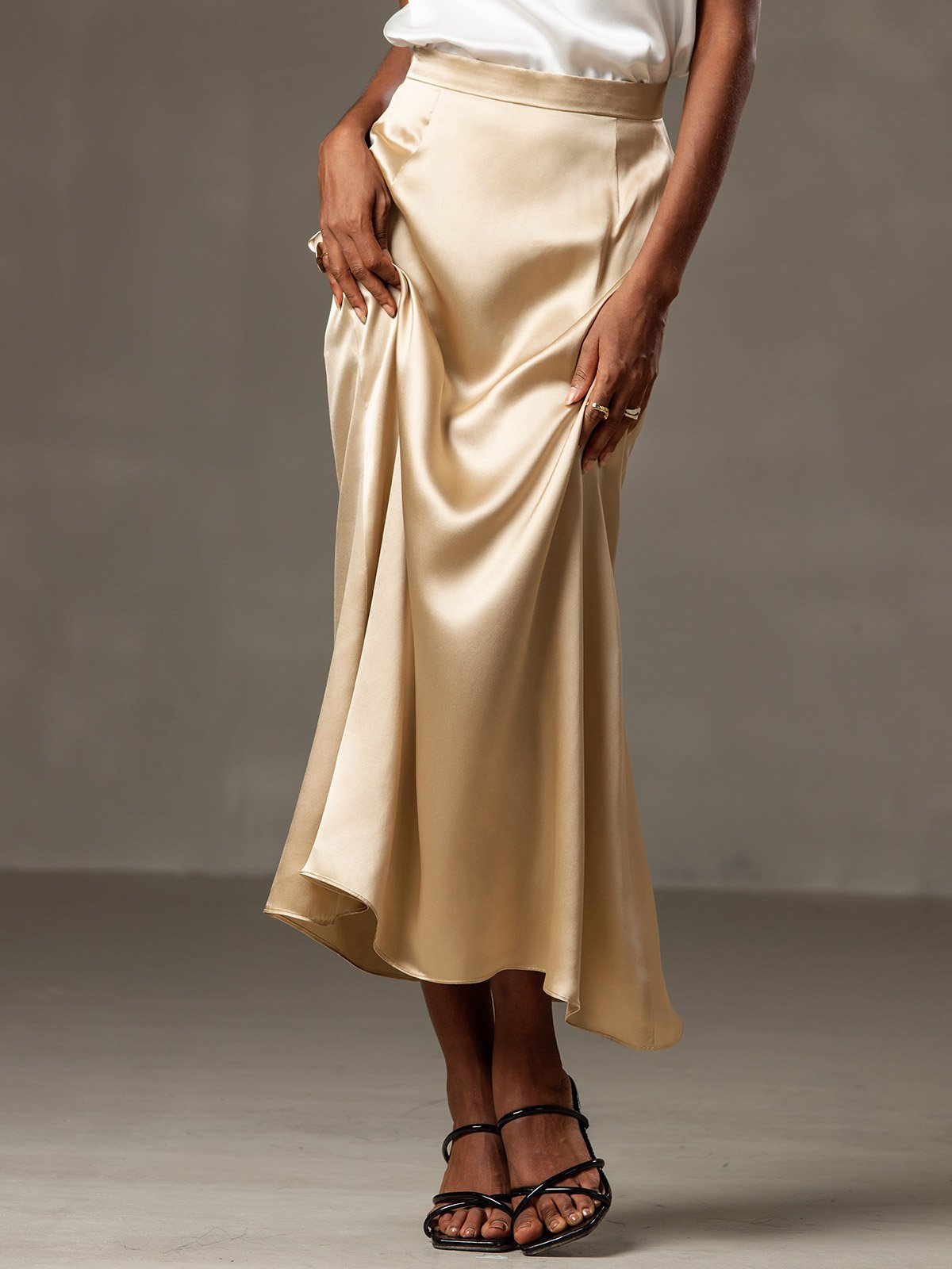 [Champagne] SilkSilky-AU 19Momme Stretch Silk Charmeuse Skirt 002