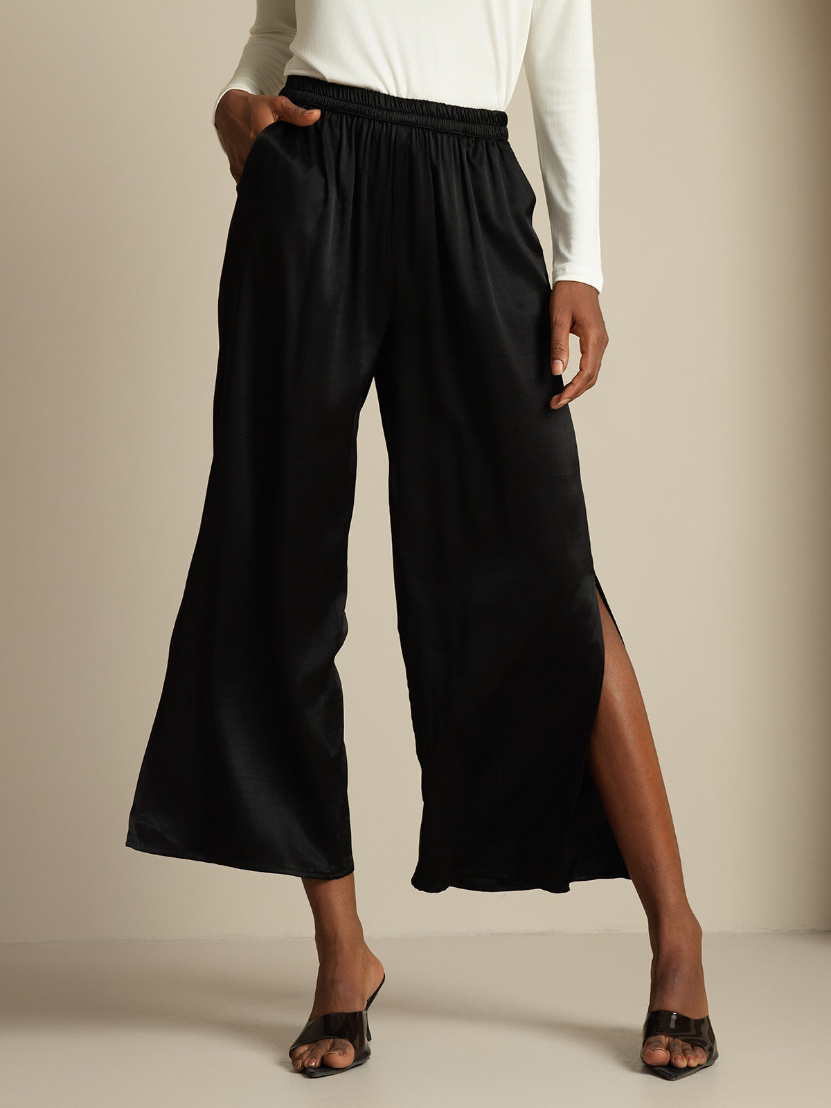 [Black] SilkSilky-AU 19Momme Silk Split Women's Pants 001