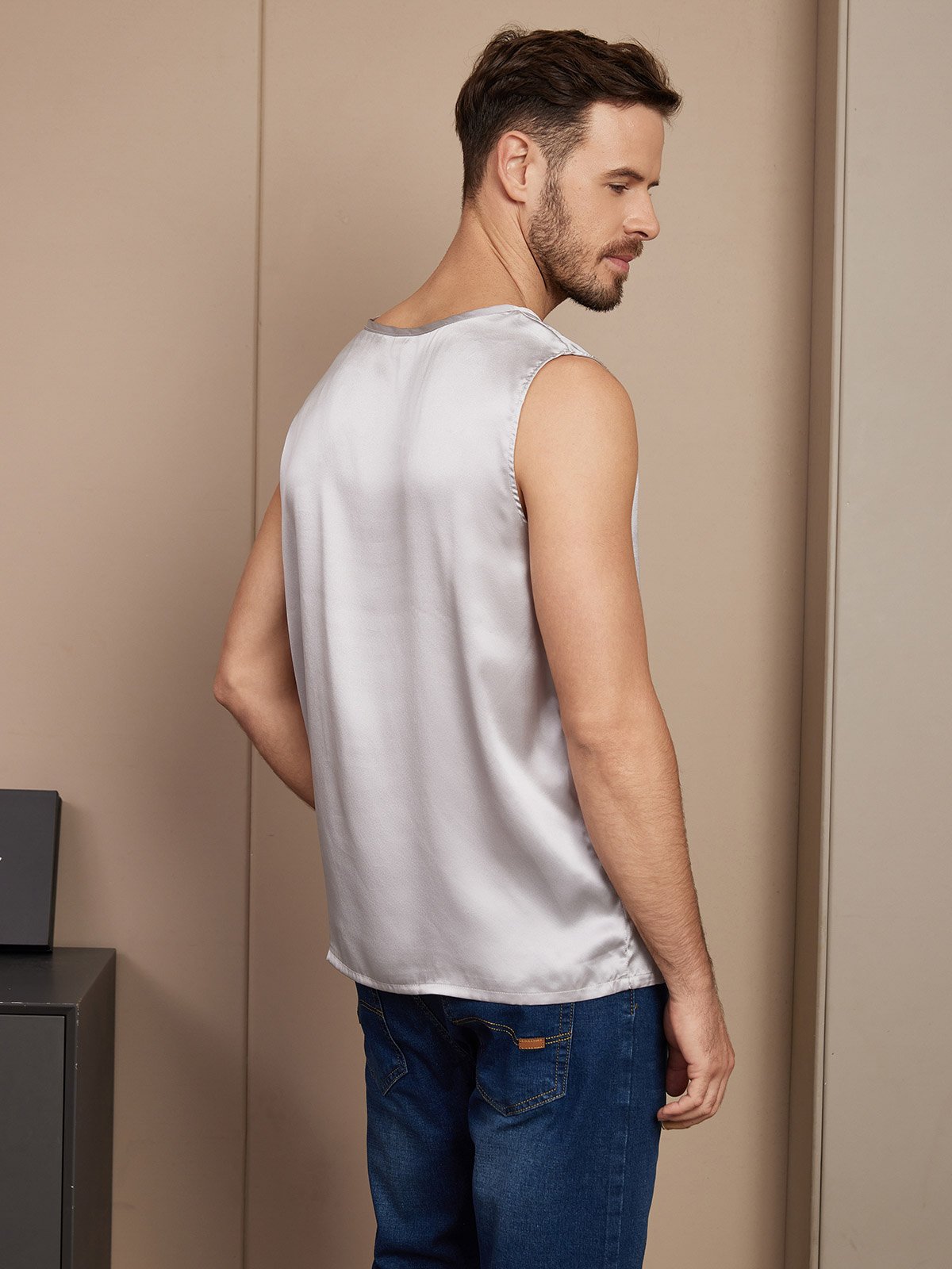 SilkSilky AU Pure Silk Sleeveless Mens T Shirt Silver 002