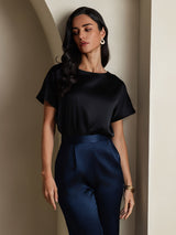 [Black] SilkSilky-AU 19Momme Stretch Silk Charmeuse Short Sleeve Boat Neck Women's T-Shirt 005