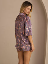 [Pink Palm] SilkSilky-AU Half Sleeve Lapel Collar Women's Pyjamas 002