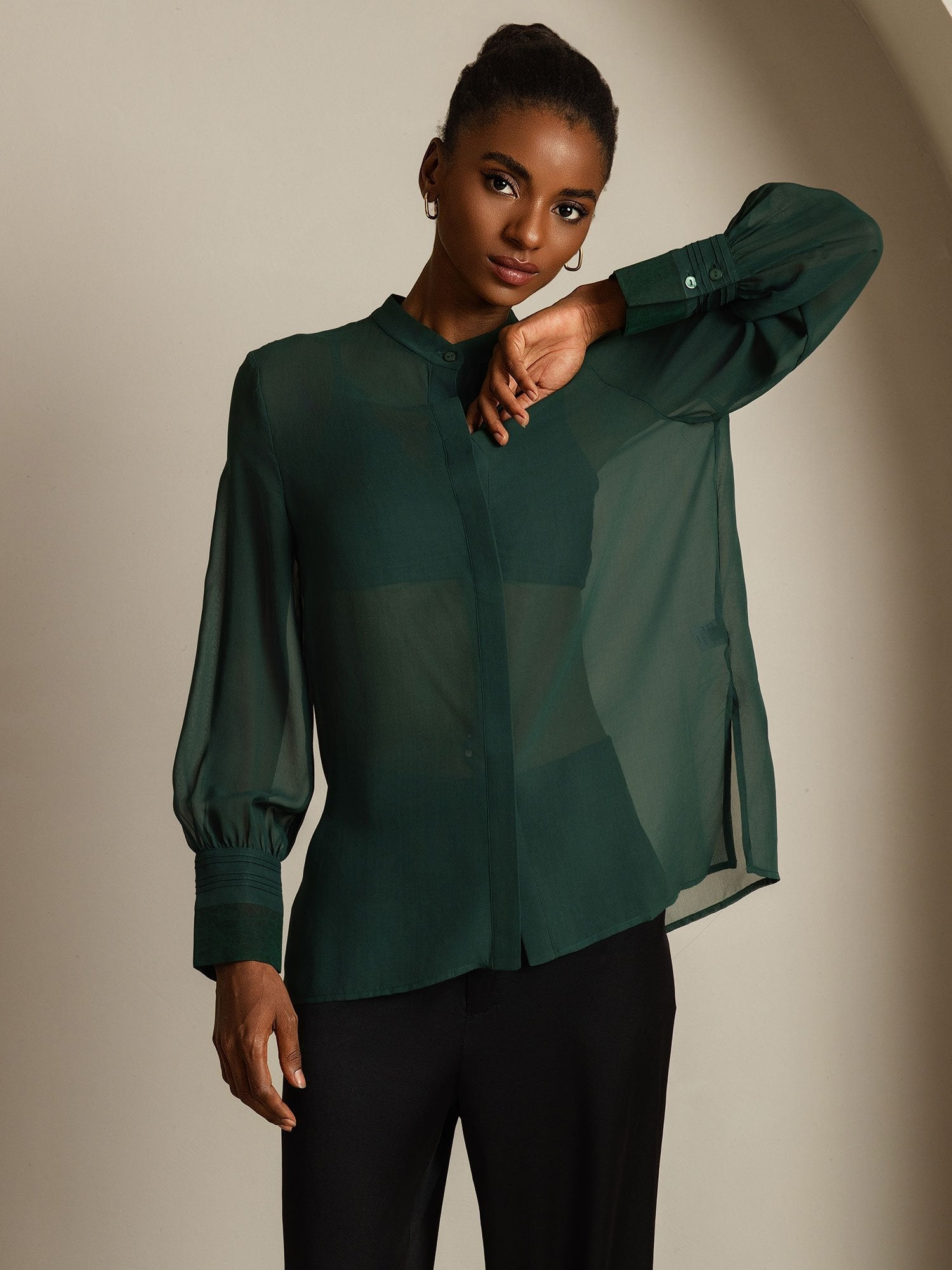 [Dark Green] SilkSilky-AU Pure Silk Split Women's Shirt 008