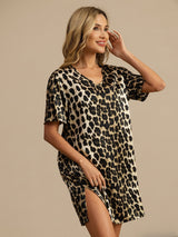 [Leopard] SilkSilky-AU Pure Silk Half Sleeve V Neck Nightgown 003