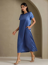 [Real Teal] SilkSilky-AU Short Sleeve Crew Neck Dress 007