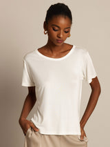 [White] SilkSilky-AU 100% Silk Jersey Short Sleeve Round Neck Women's T-Shirt 001