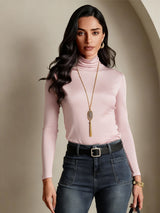 [Coral Pink] SilkSilky-AU Silk Jersey Long Sleeve Turtle Neck Women's T-Shirt 003
