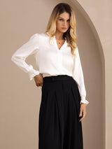 [White] SilkSilky-AU Long Sleeve Split Women's Blouse 004