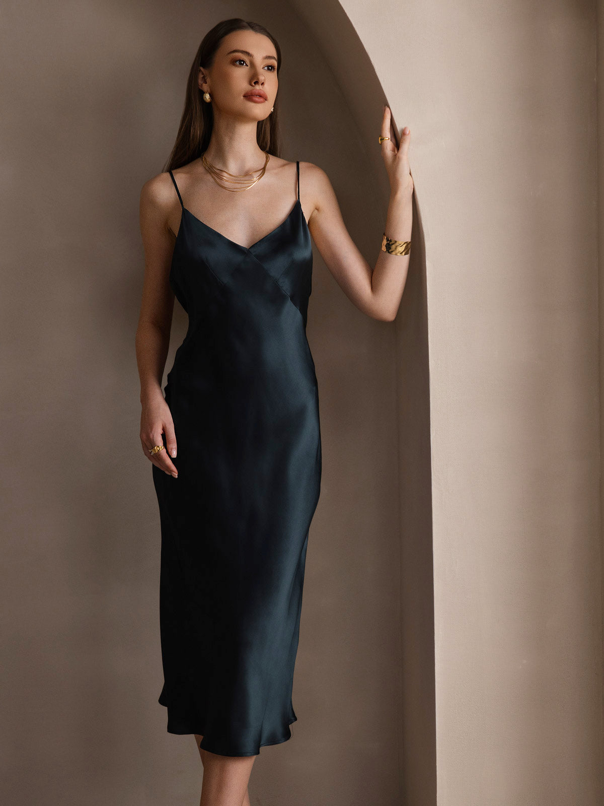 [Dark Green] SilkSilky-AU 19Momme Pure Silk V Neck Dress 005