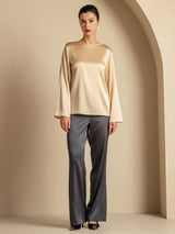 [Champagne] SilkSilky-AU Long Sleeve Boat Neck Blouse 007