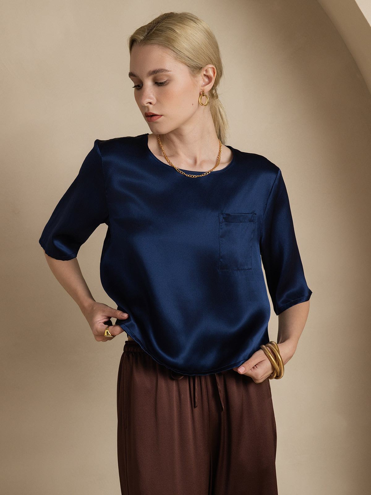 [Dark Blue] SilkSilky-AU Pure Silk Boat Neck Women's T-Shirt 005