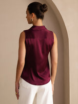 [Dark Red] SilkSilky-AU Sleeveless Lapel Collar Women's Shirt 002