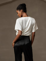 [White] SilkSilky-AU Short Sleeve Cowl Neck Women's Blouse 002