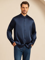 [Dark Blue] SilkSilky-AU Long Sleeve Stand Collar Men''s Shirt 004