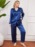 SilkSilky AU Pure Silk Long Sleeve Lapel Plus Size Pyjamas DarkBlue 005