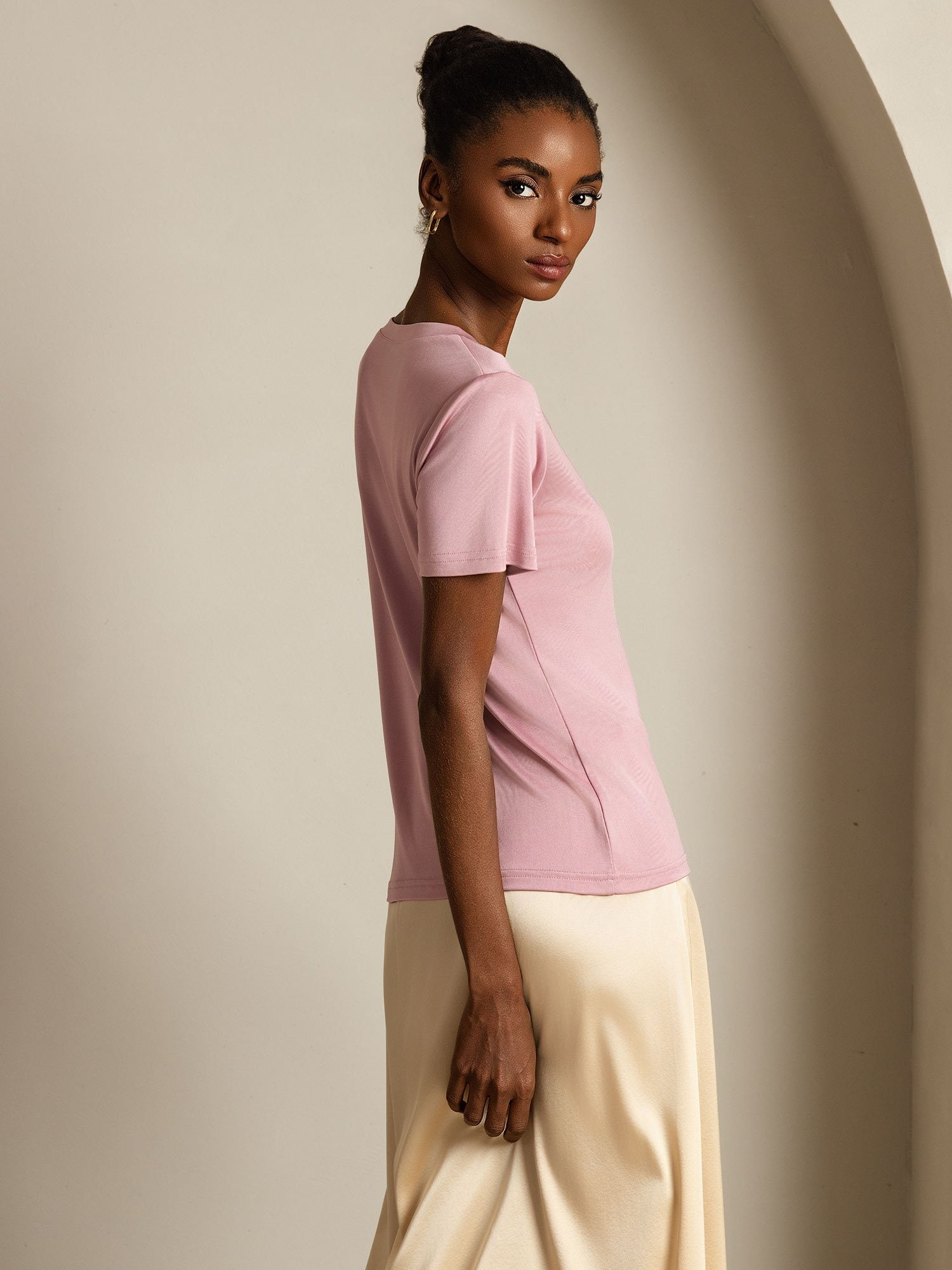 [PaleMauve] SilkSilky-AU Pure Silk V Neck Women's T-Shirt 006