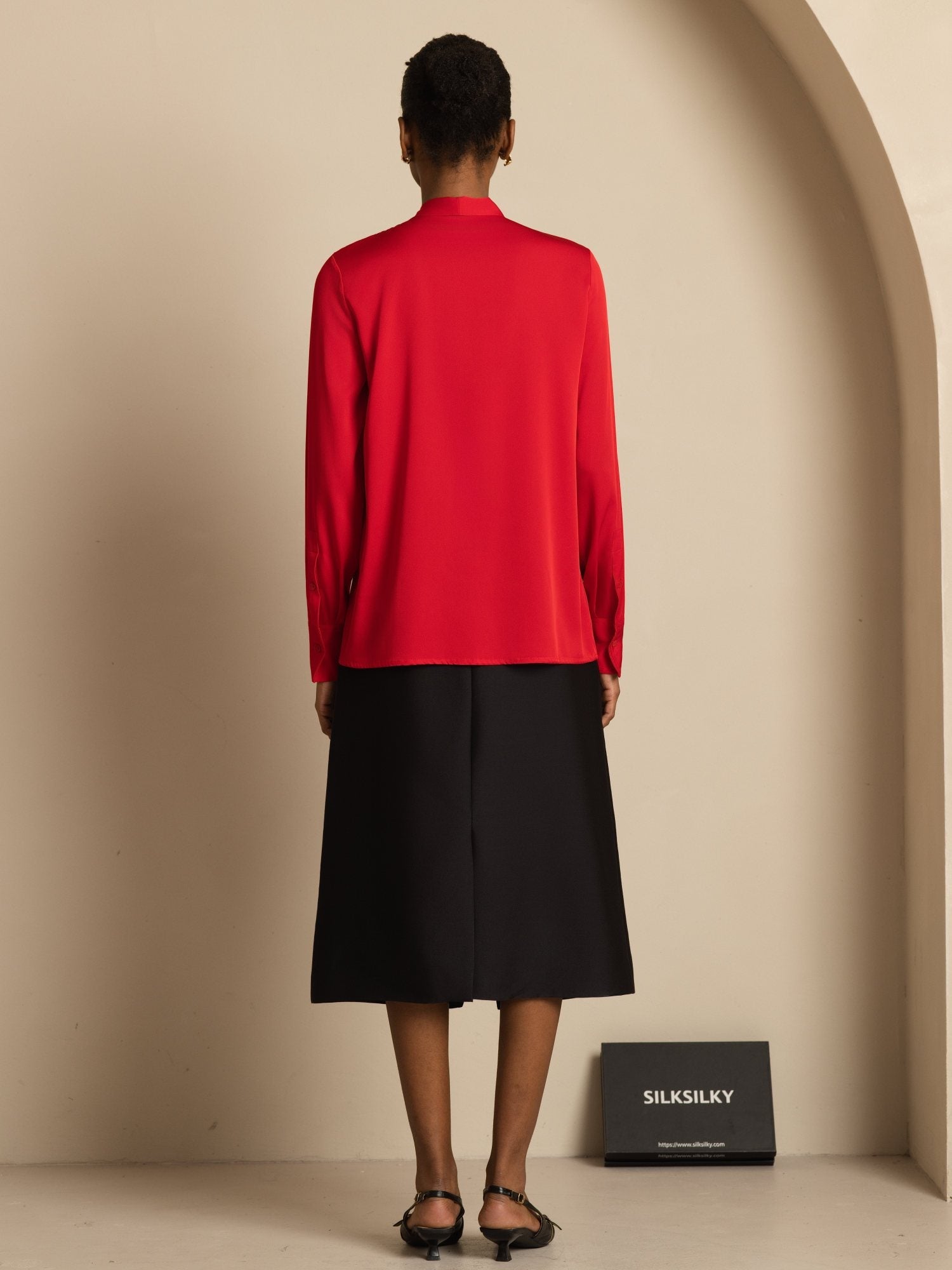 [Wine] SilkSilky-AU 19Momme Silk Long Sleeve Tie Neck Blouse 002