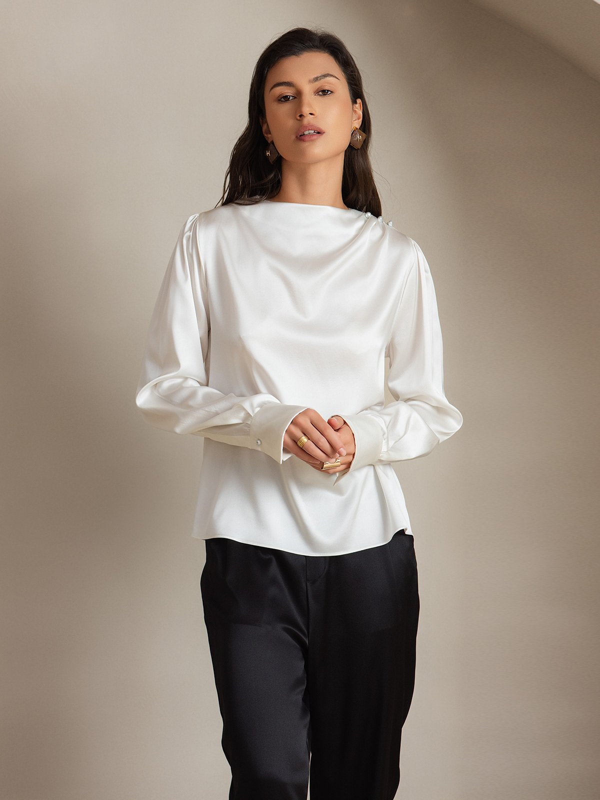 [White] SilkSilky-AU 19Momme Silk Boat Neck Women's Shirt 005