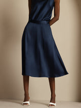 [Dark Blue] SilkSilky-AU 19Momme Stretch Silk Charmeuse Skirt 003