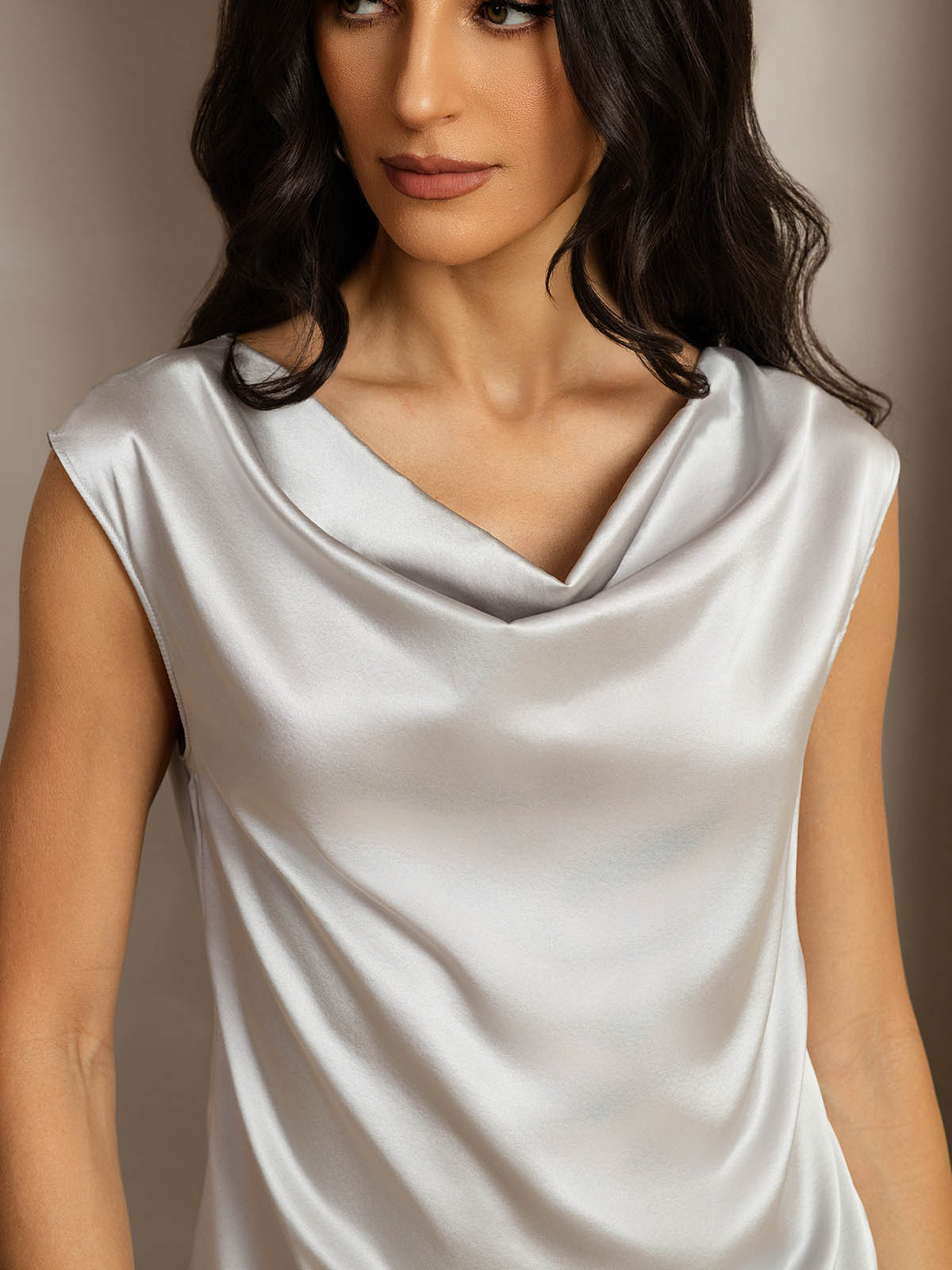 [Silver] SilkSilky-AU 19Momme Silk Sleeveless Cowl Neck Women's T-Shirt 005