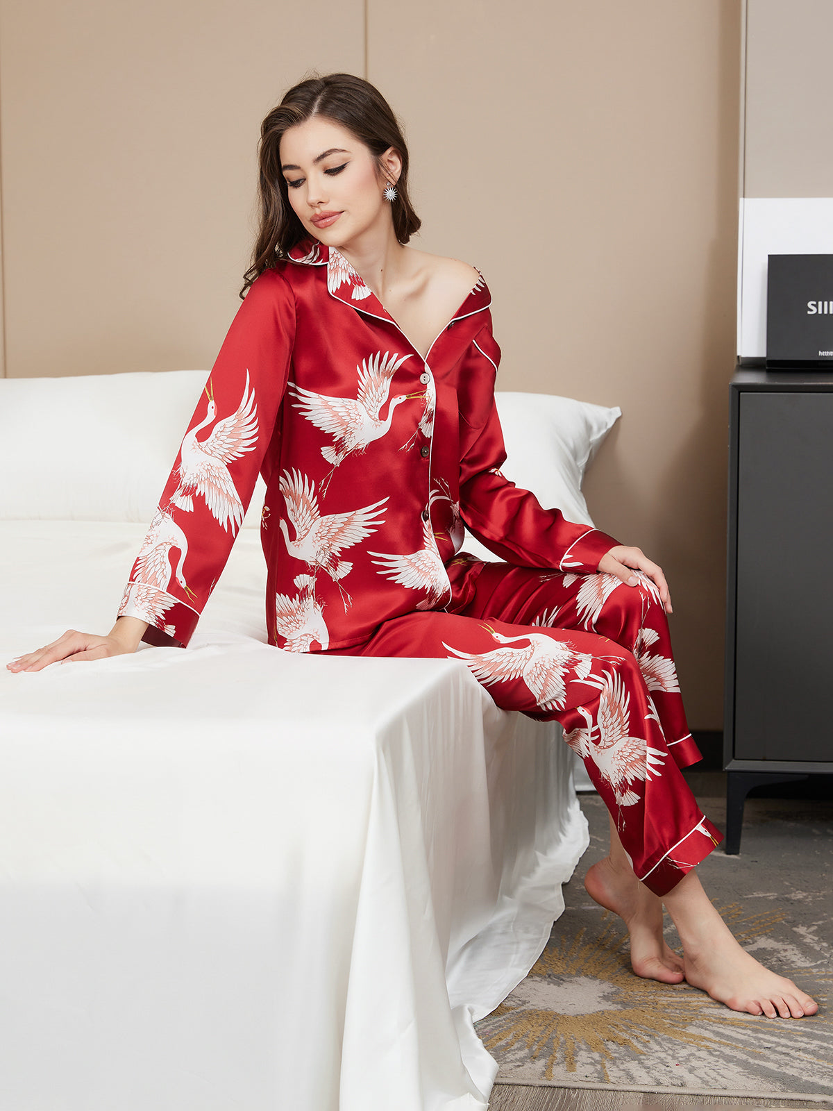 SilkSilky AU 19Momme Pure Silk Long Sleeve Lapel Women's Pyjamas DarkRed 007