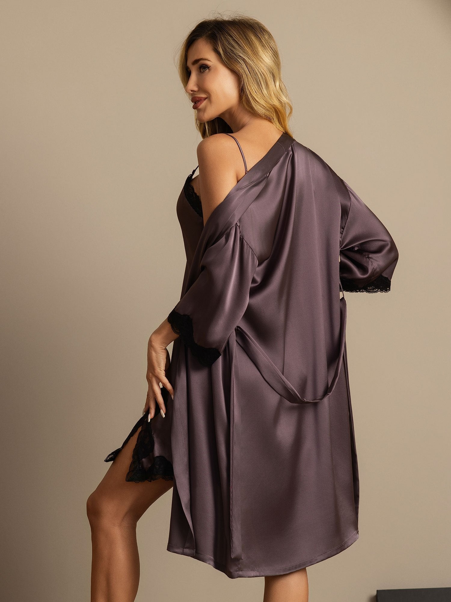 [PurpleGray] SilkSilky-AU Pure Silk V Neck Nightgown&Dressing Gown Set 002